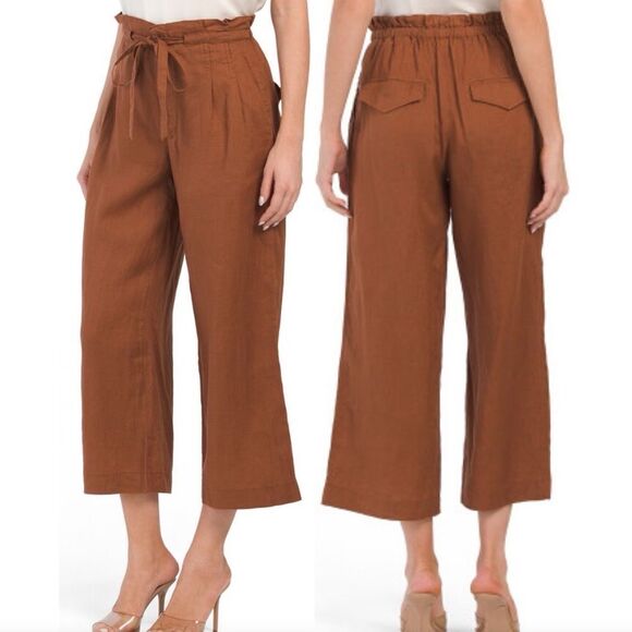Magaschoni Linen Paper Bag Waist Cropped Pant With Drawstring Tie & Pleated - Picture 1 of 7